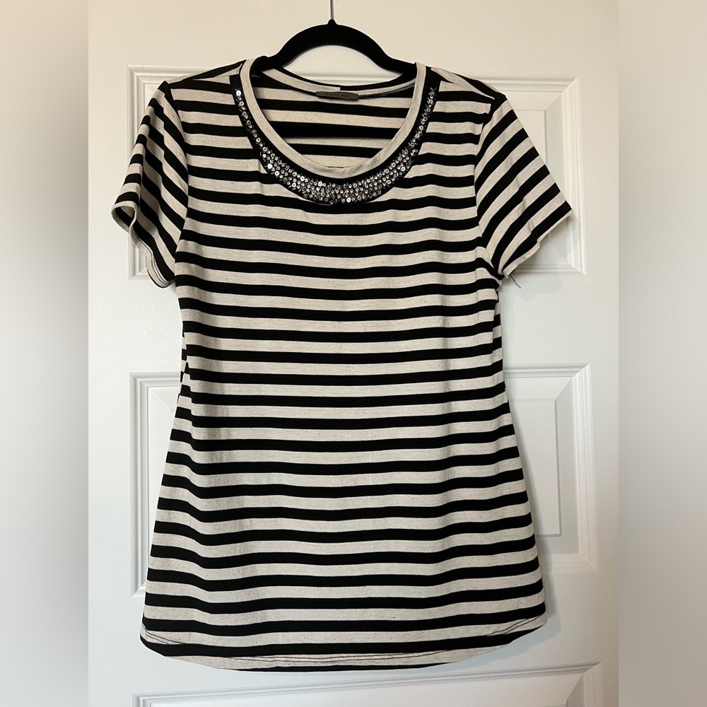 Cream and Black Striped, Short sleeve top, with jeweled collar, Size L